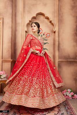 Red embroidered net semi stitched lehenga 3
