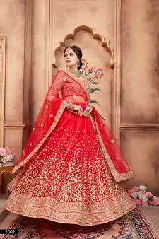 Red embroidered net semi stitched lehenga