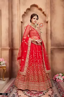 Red embroidered net semi stitched lehenga