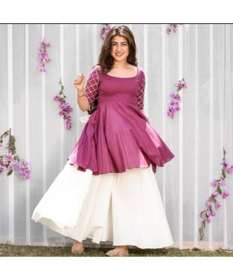 wine embroidered Rayon Kurti With Long Flair Palazzo Set 3