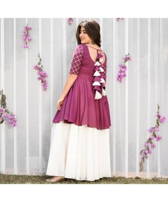 wine embroidered Rayon Kurti With Long Flair Palazzo Set 4