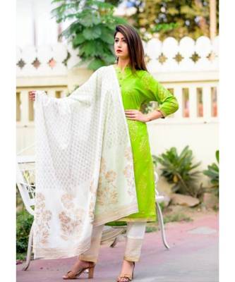 green printed Rayon Kurti With Pant And Dupatta 1