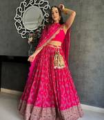 Dark Pink Zari and Sequins Embroidered georgette semi stitched lehenga choli