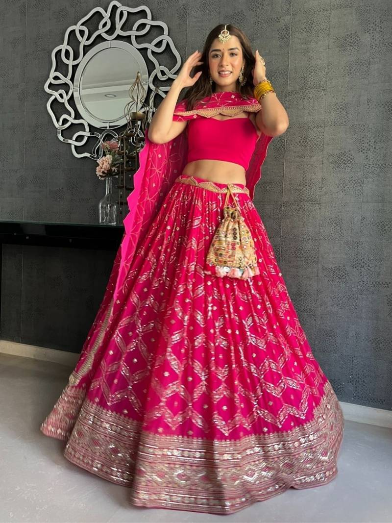 Dark Pink Zari and Sequins Embroidered georgette semi stitched lehenga choli
