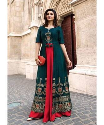green embroidered Rayon Double Layer Heavy Embroidery Kurti 1