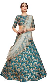 Green embroidered art silk semi stitched lehenga