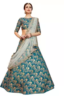 Green embroidered art silk semi stitched lehenga