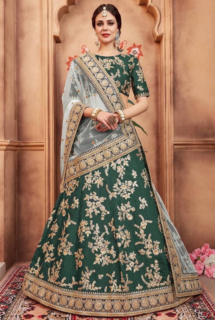 Eye Catching Teal Gold Dori, Matte Sequins Embroidered Bangalory Silk lehenga choli for bride