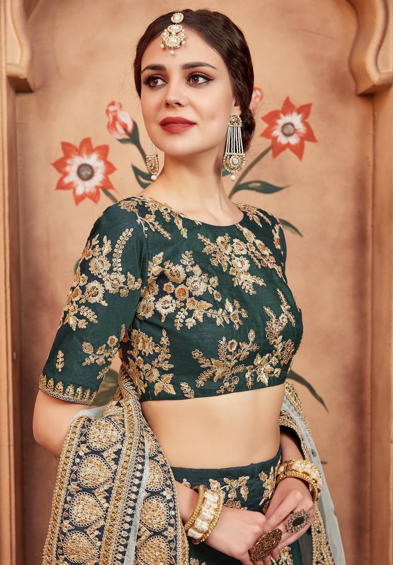 Eye Catching Teal Gold Dori, Matte Sequins Embroidered Bangalory Silk lehenga choli for bride