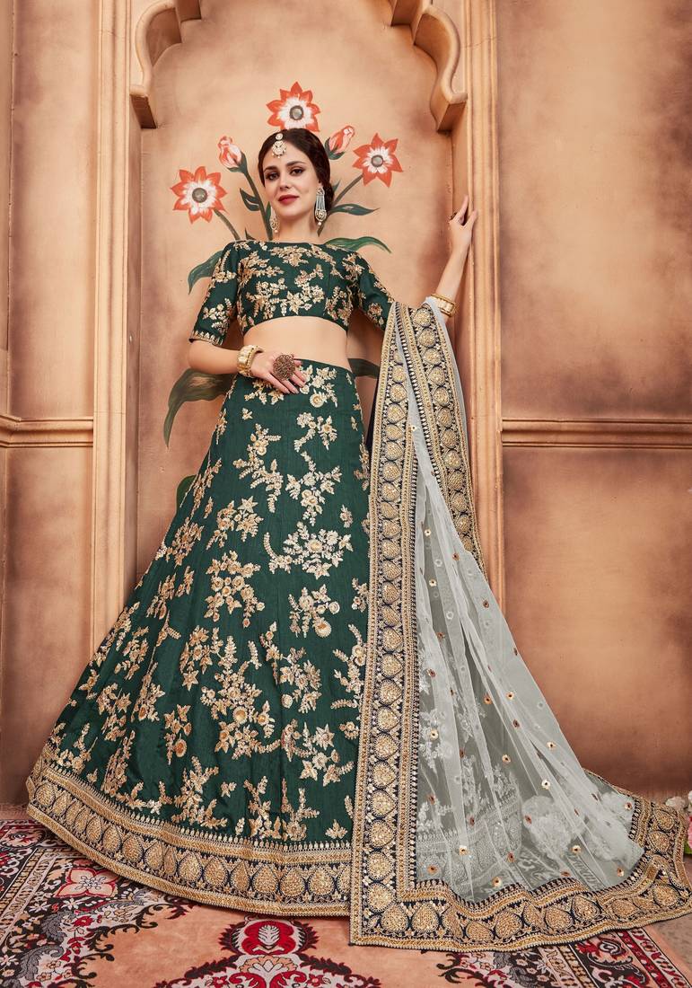 Eye Catching Teal Gold Dori, Matte Sequins Embroidered Bangalory Silk lehenga choli for bride