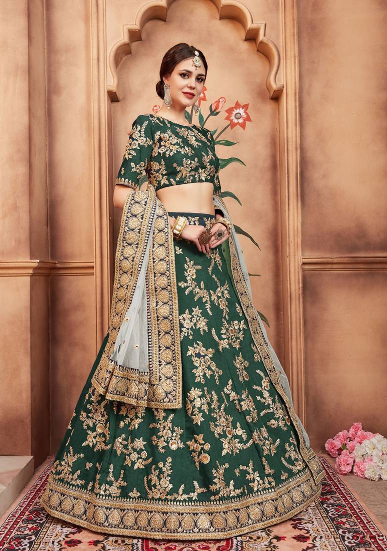 Eye Catching Teal Gold Dori, Matte Sequins Embroidered Bangalory Silk lehenga choli for bride