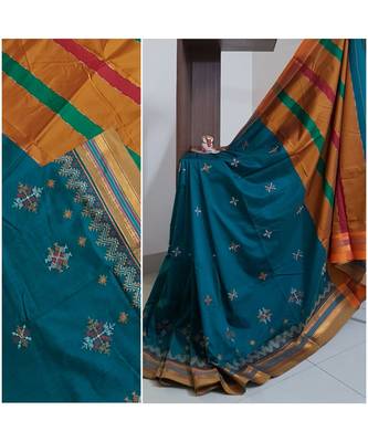 Teal ilkal with traditional kasuti embroidery 1