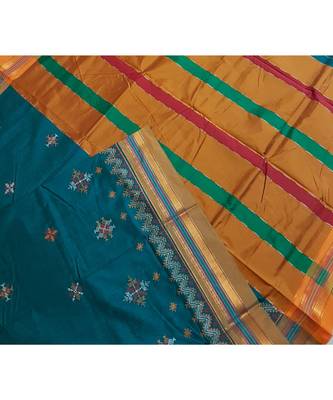 Teal ilkal with traditional kasuti embroidery 3
