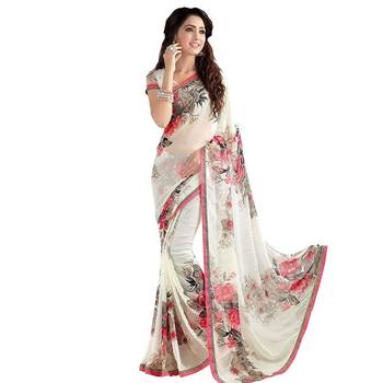 Kimisha Women's Off White Georgette Floral Printed Saree 1