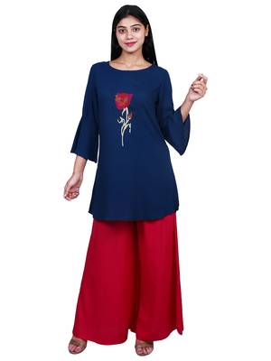 Blue embroidered rayon short-kurtis 1