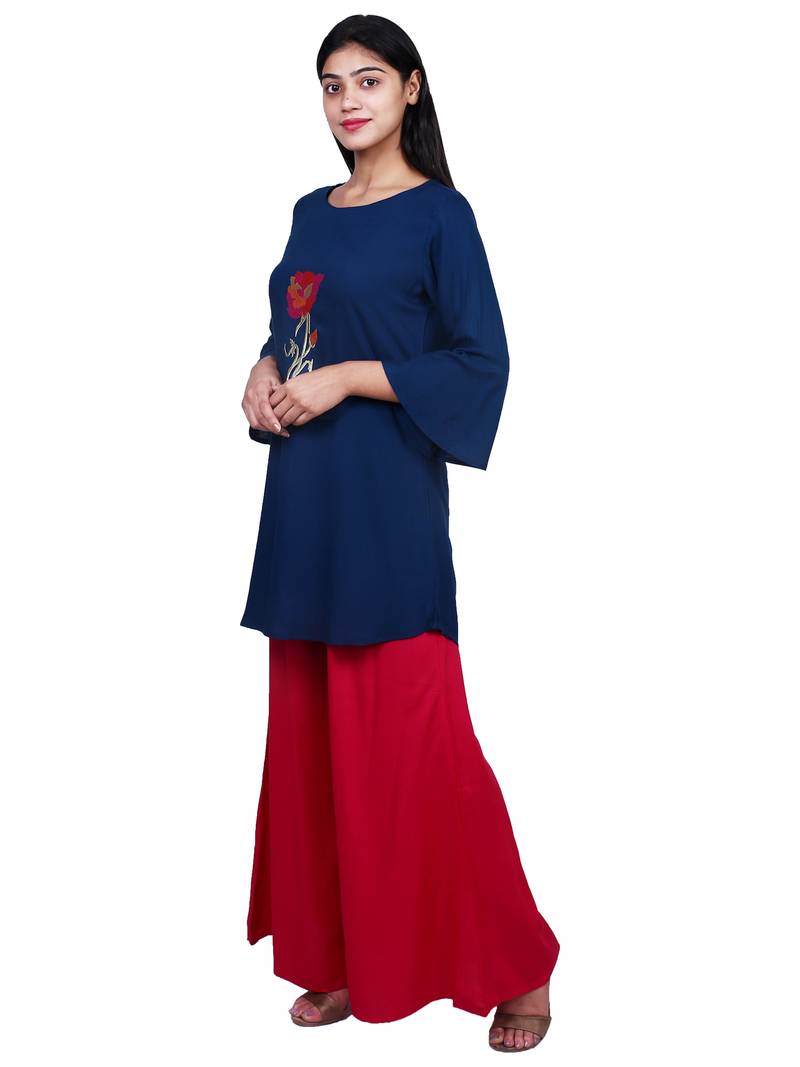 Blue embroidered rayon short-kurtis
