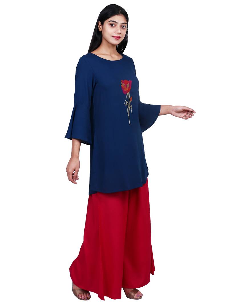 Blue embroidered rayon short-kurtis