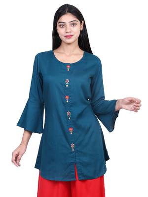 Teal embroidered rayon short-kurtis 1