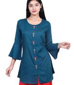Teal embroidered rayon short-kurtis