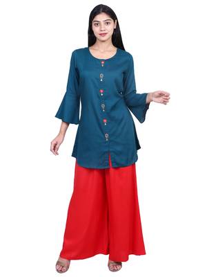 Teal embroidered rayon short-kurtis 3