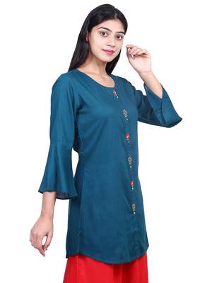 Teal embroidered rayon short-kurtis 4