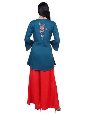 Teal embroidered rayon short-kurtis 5