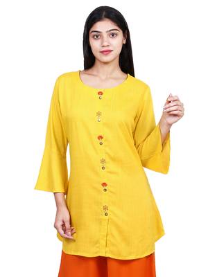 Yellow embroidered rayon short-kurtis 1