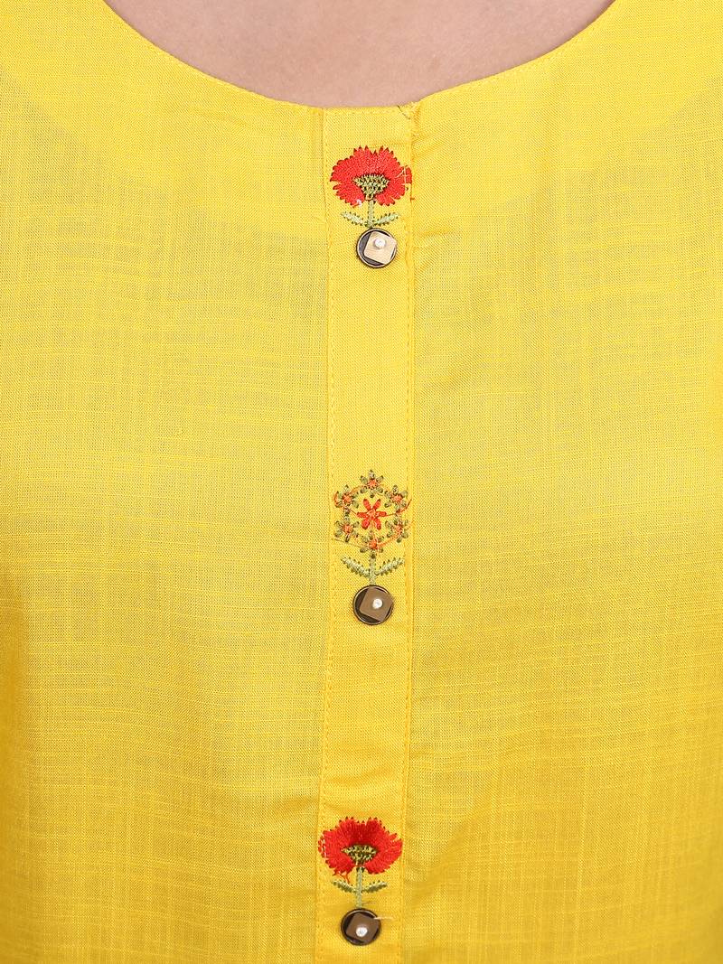 Yellow embroidered rayon short-kurtis