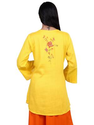 Yellow embroidered rayon short-kurtis 5