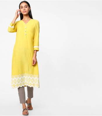 Yellow embroidered rayon kurtas-and-kurtis 1