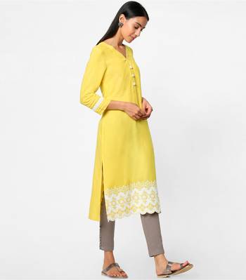 Yellow embroidered rayon kurtas-and-kurtis 4