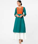 Green embroidered cotton kurtas-and-kurtis