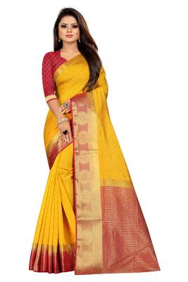 Yellow woven pure cotton saree with blouse 1
