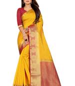 Yellow woven pure cotton saree with blouse