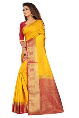 Yellow woven pure cotton saree with blouse 2