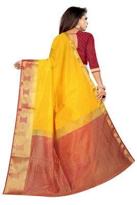 Yellow woven pure cotton saree with blouse 3