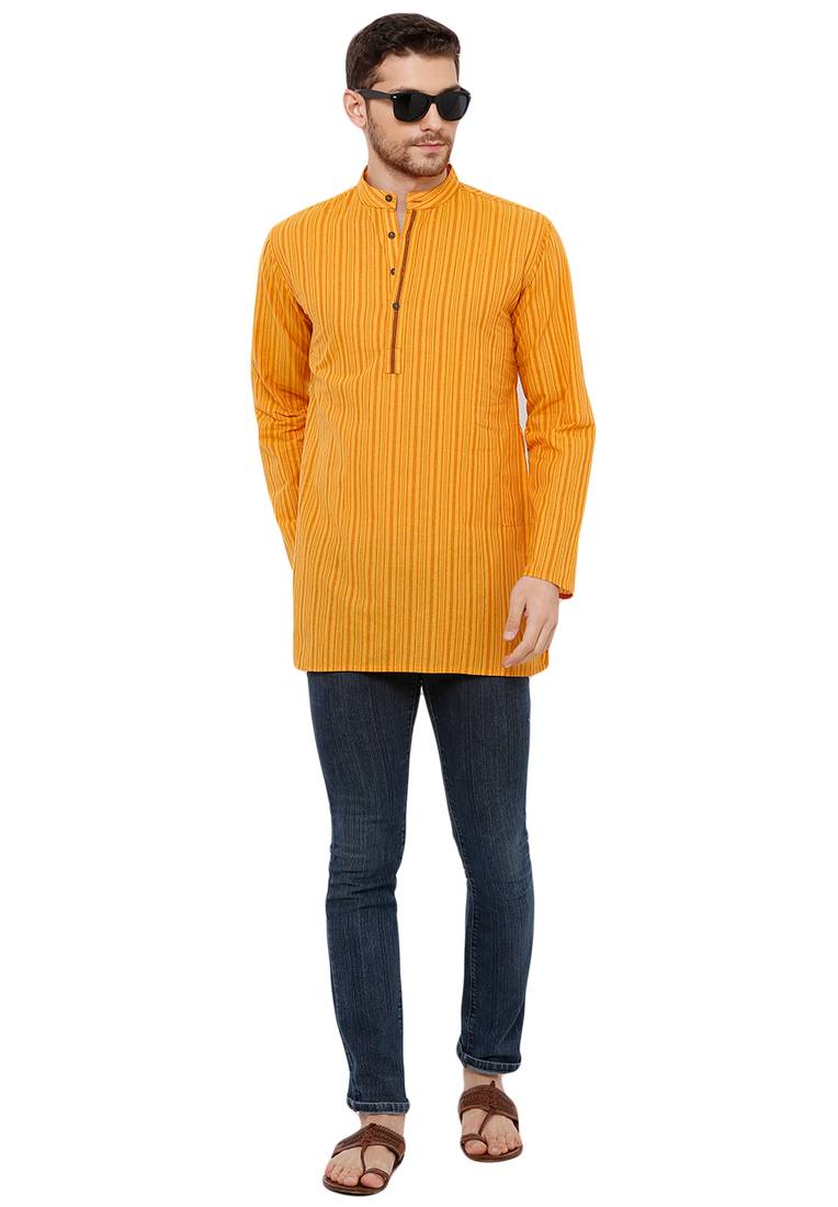 Men' Cotton Handloom Mustard coloured Striped Short Length Kurta Om