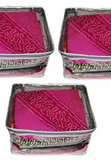 atorakushon   Transparent Saree Cover Garments Storage Bags Wardrobe Organizer Pack of 3 (Silver)