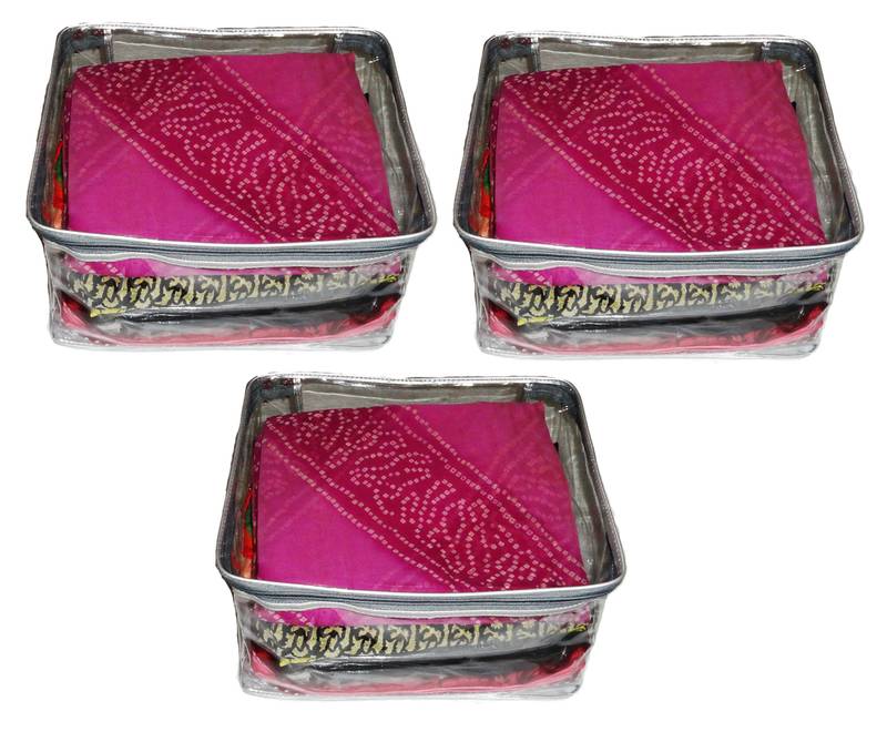 atorakushon   Transparent Saree Cover Garments Storage Bags Wardrobe Organizer Pack of 3 (Silver)