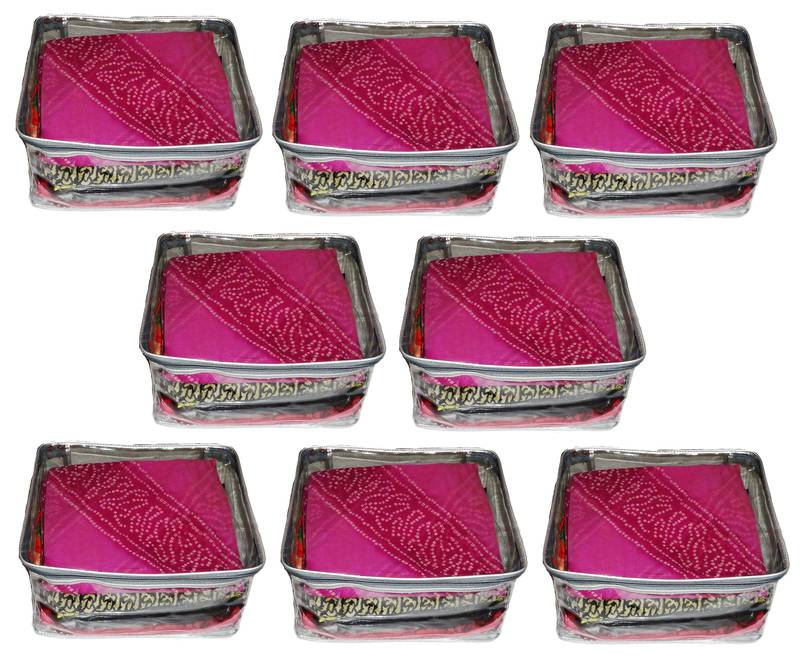 atorakushon   Transparent Saree Cover Garments Storage Bags Wardrobe Organizer Pack of 8 (Silver)