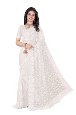 White embroidered net saree with blouse 1