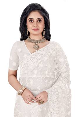 White embroidered net saree with blouse 4