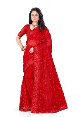 Red embroidered net saree with blouse 1