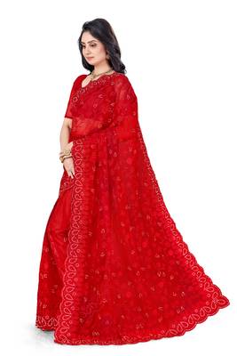 Red embroidered net saree with blouse 2