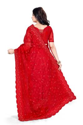 Red embroidered net saree with blouse 3