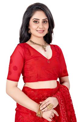 Red embroidered net saree with blouse 4