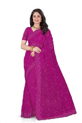 Purple embroidered net saree with blouse 1