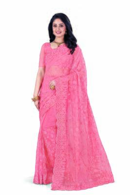 Peach embroidered net saree with blouse 1