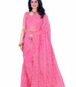Peach embroidered net saree with blouse