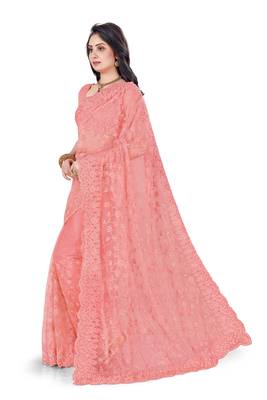 Peach embroidered net saree with blouse 2